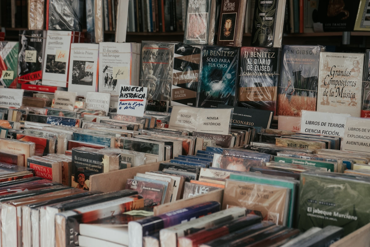 A large number of books are on display