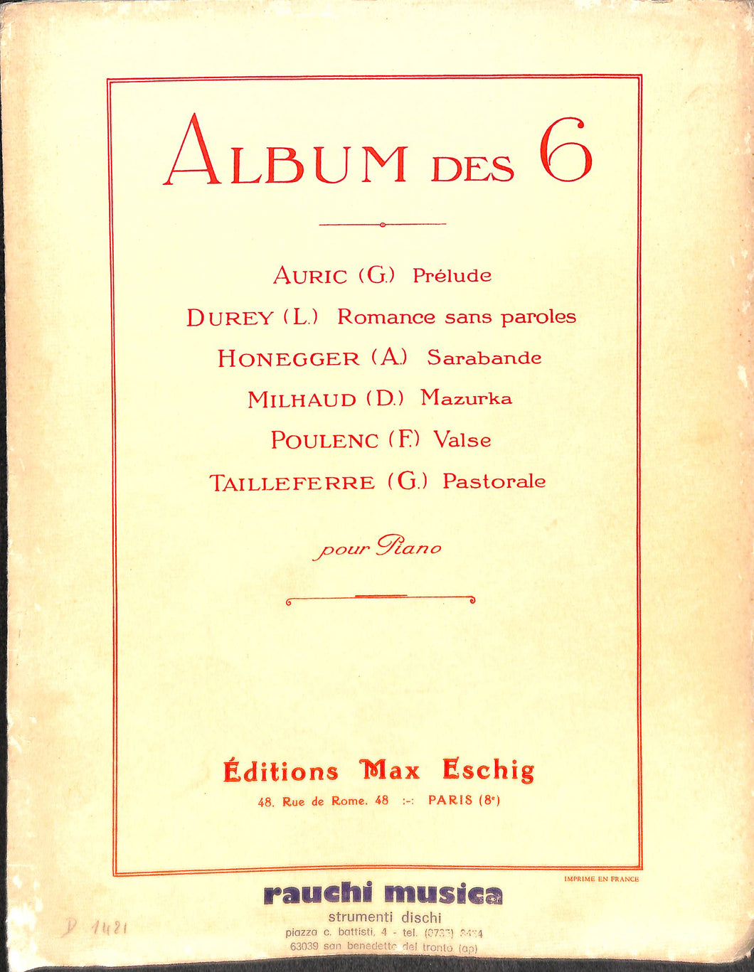 Album Des 6 (Auric - Durey - Honneger - Milhaud - Poulenc - Tailleferre)